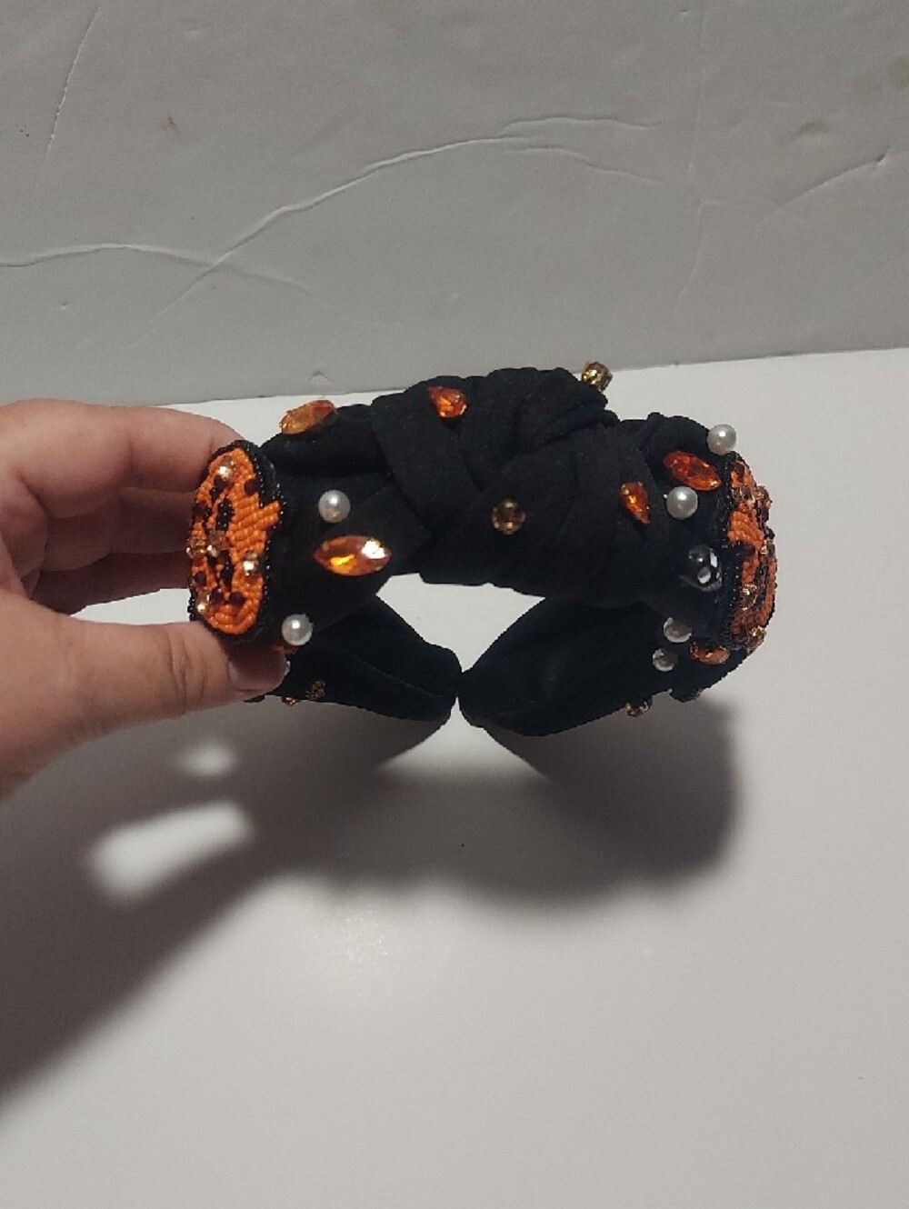 Halloween Embellished Knot Headband with Orange & Pearl Accents - Picture 4 of 5